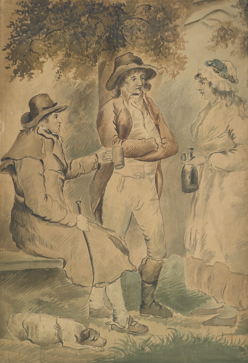 Three figures and a dog