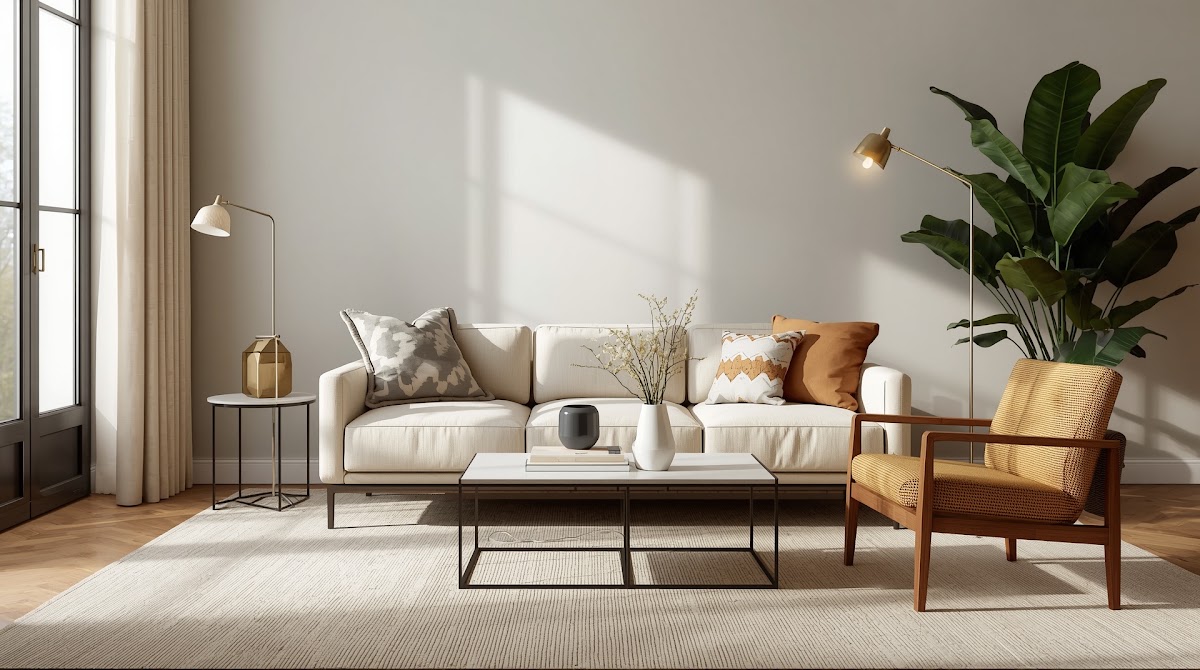 How to Warm Up Chrome Floor Lamps in a Modern Living Room - chrome side table beside walnut furniture in a living room