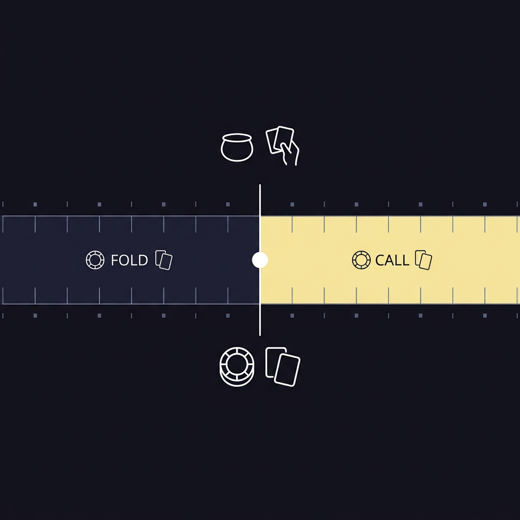 Minimalist 2D vector diagram comparing pot odds threshold to draw equity with call zone in pale yellow and fold zone in dark navy on deep background Why Draw Probability Matters