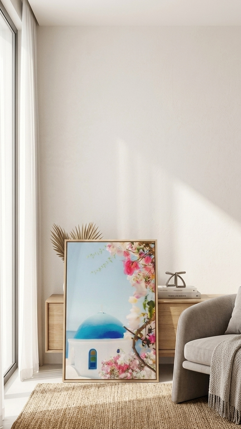 Greek Coastal Village Canvas Print – Pink Floral & Blue Dome Wall Decor (40x60 cm) Wall Art  - Image 4