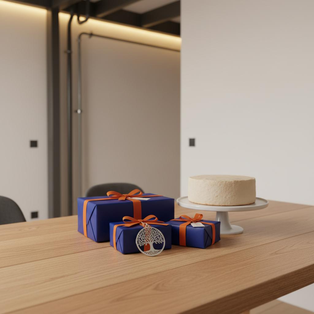 Esszimmer mit Geburtstagstisch, wenigen Geschenken, Vanillekuchen und graviertem Metallanhänger neben einem geschenk 8 jähriger jungen, warme Beleuchtung, minimalistisches Design