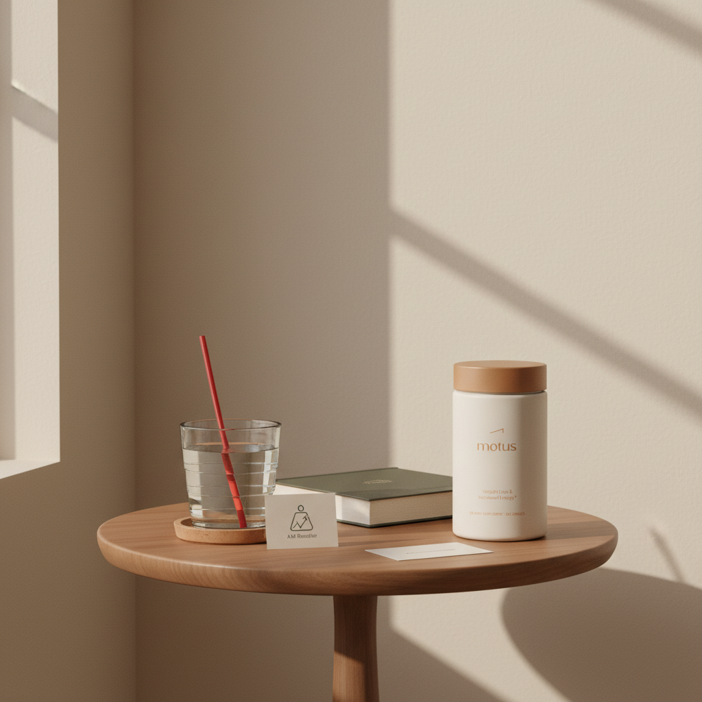 Tonum Motus supplement bottle on a wooden side table with a journal and glass of water in a minimalist morning wellness scene illustrating insurance coverage for weight loss medication