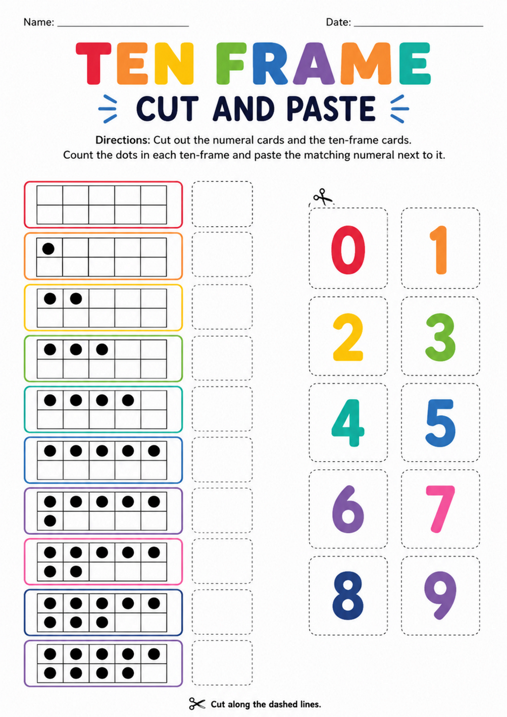 Ten Frame Cut and Paste Worksheet