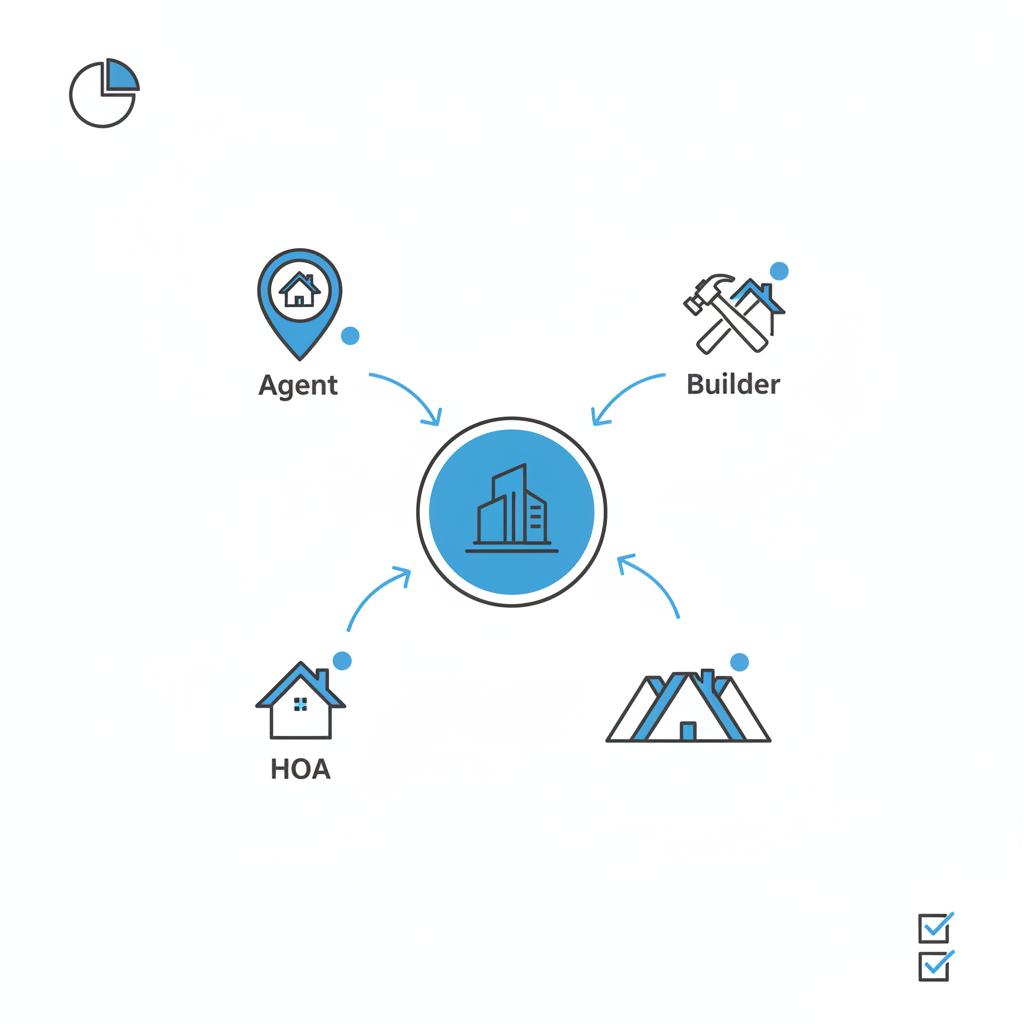 Minimal vector sketch showing arrows from agent, builder, and HOA icons to a central property manager node, illustrating property management leads