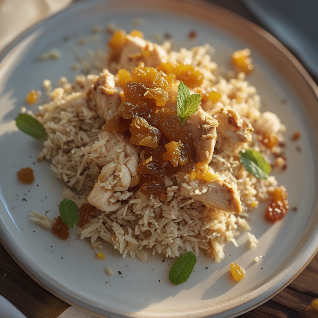 Crispy Saffron Yogurt Chicken & Freekeh Pilaf Power Plates with Golden Raisin Chutney