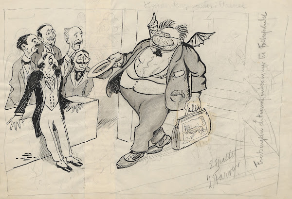 Litvinov with bat wings and his hat in his hand appears to participate in the wo