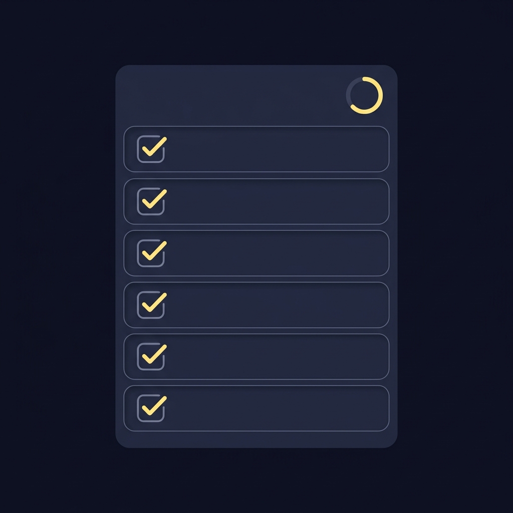 Minimalist 2D vector one sheet checklist with six ticked rounded checkboxes on dark Funded Plays palette, clean layout and accent ticks, sgp draftkings