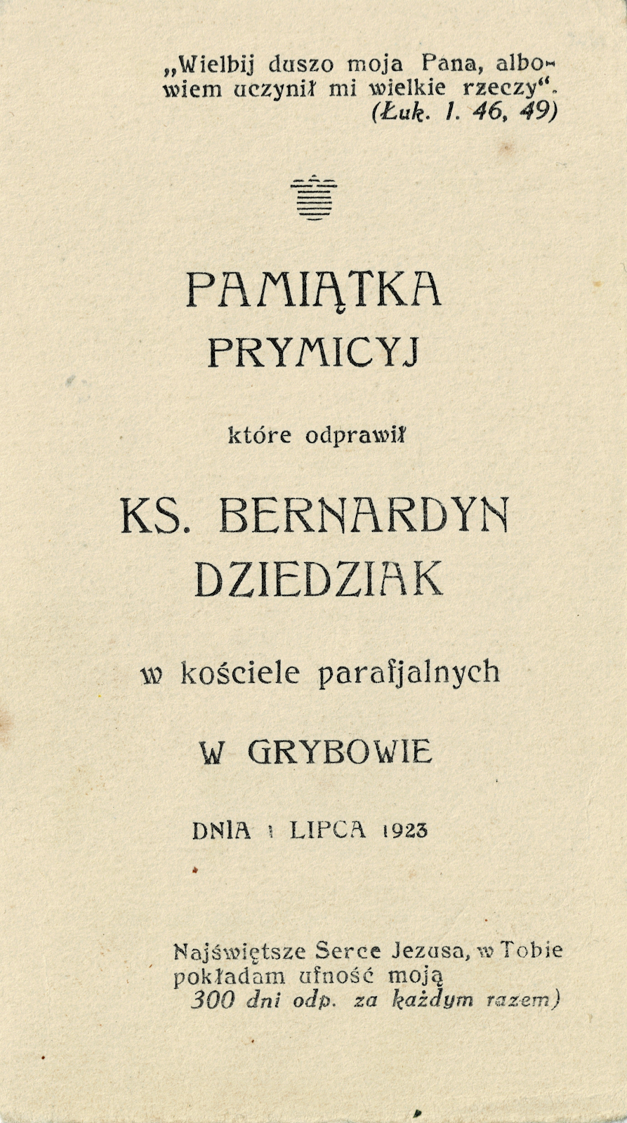 Rewers obrazka prymicyjnego 
ks. Bernardyna Dziedziaka