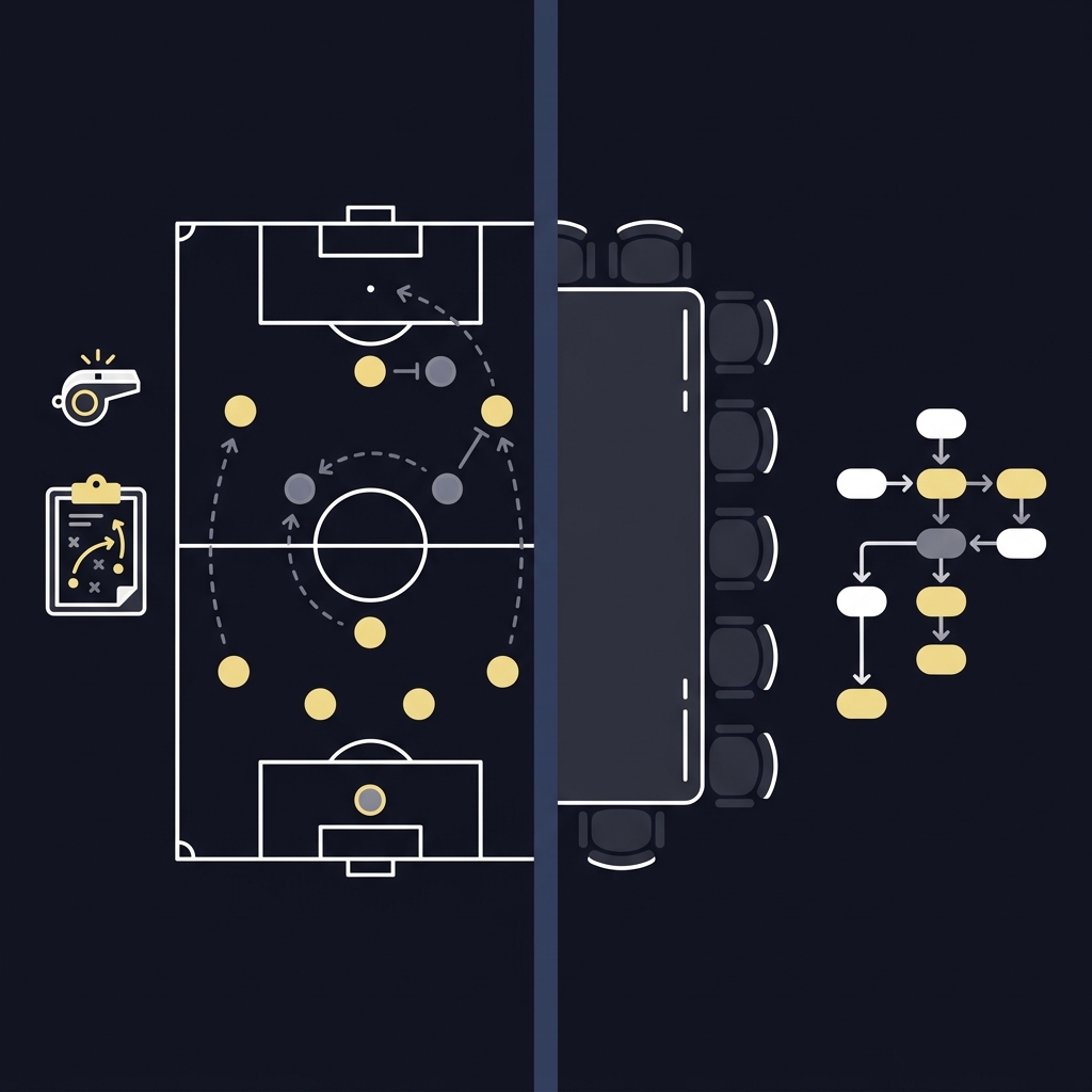 Minimalist 2D vector split illustration of a soccer tactics board and top down corporate meeting layout illustrating How Manager Changes Affect Team Performance using Funded Plays brand colors