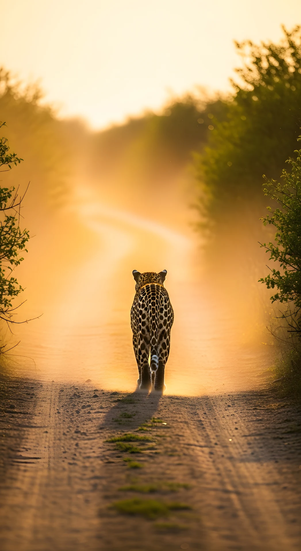 Rear View of a Leopard Walking Down a Dirt Road in African Bushveld at Sunset - Free 4K mobile Wallpaper