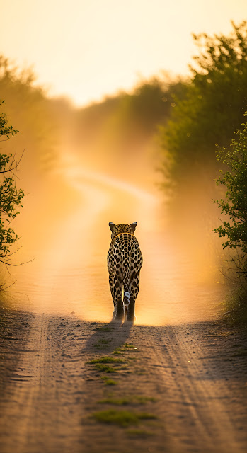 Rear View of a Leopard Walking Down a Dirt Road in African Bushveld at Sunset - Free mobile Wallpaper