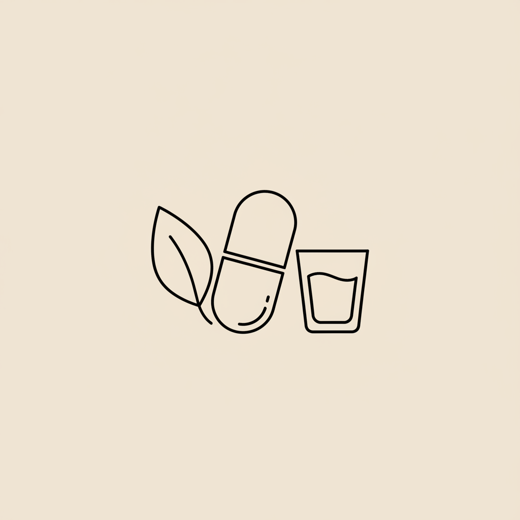 Minimalist Tonum-style line illustration of a capsule, small water glass, and leaf on flat beige background (#F2E5D5), representing B12 injection risks and supplementation.