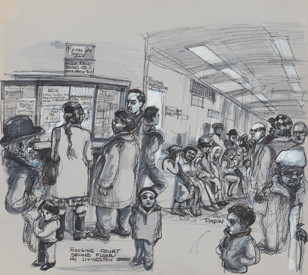 Interior view of a corridor at the Kings County Housing Court with many people o