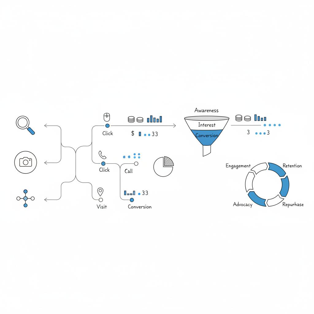 Minimal vector customer journey map with entry-point icons (search, social, referral), micro-action icons and budget token markers &mdash; How much does it cost to advertise a small business?