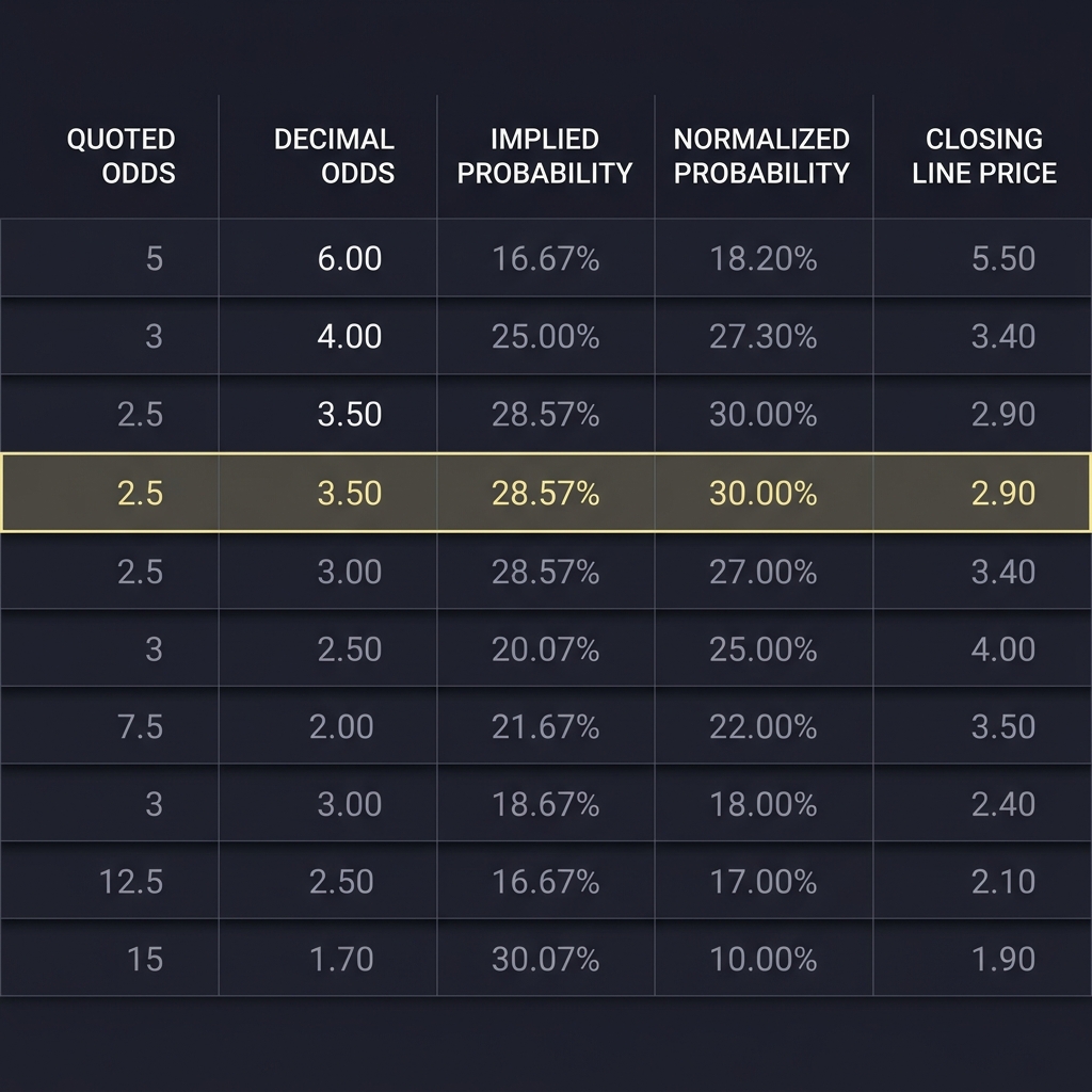 Odds Fundamentals Every Sports Trader Should Master spreadsheet screenshot showing quoted odds decimal odds implied probability normalized probability and closing line price on a Funded Plays styled dark interface