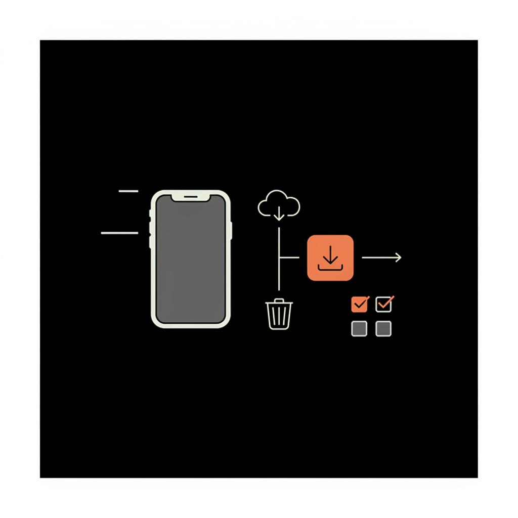 Minimal 2D vector infographic showing an iPhone silhouette, Offload vs Delete flow converging to reinstall step with a small checklist in brand colors — reinstall facebook app
