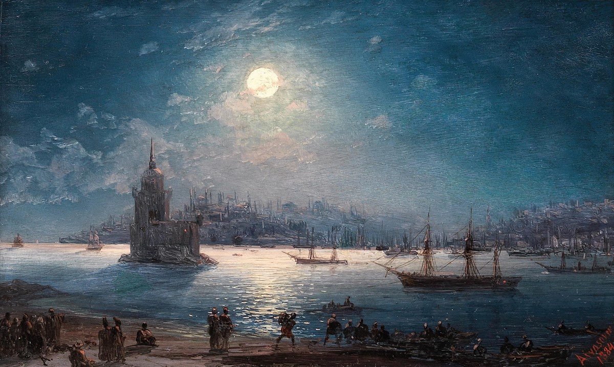 A View of the Bosporus with the Hagia Sophia and the Maidens Tower in the Moonli
