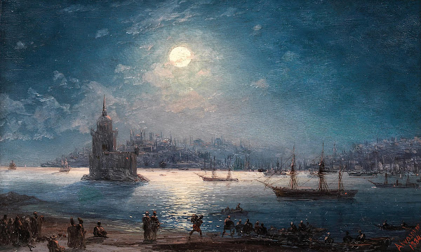 A View of the Bosporus with the Hagia Sophia and the Maidens Tower in the Moonli