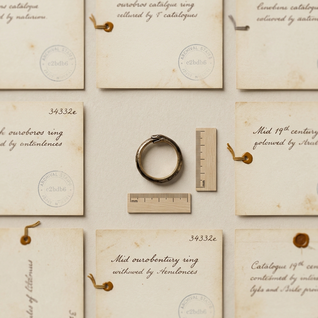 Museum style flatlay of archival catalogue pages and a high resolution mid 19th century gold ouroboros serpent ring with annotations and scale on a cream background