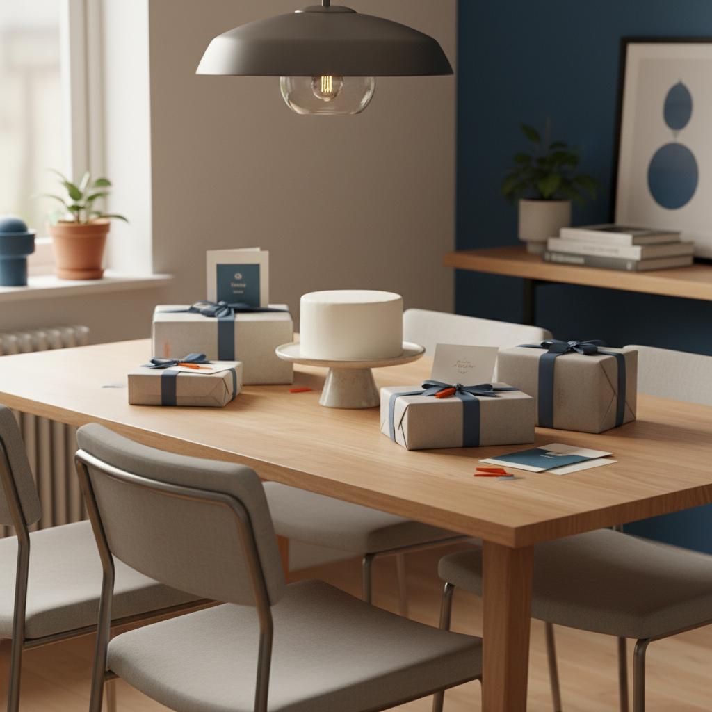 Billet zur Firmung auf einem Esstisch mit Geschenken und einfachem Kuchen in warmer, minimalistischer Familienatmosphäre im leicht industriellen Stil