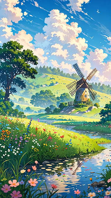 Windmill in Blooming Meadow by River at Noon - Free mobile Wallpaper