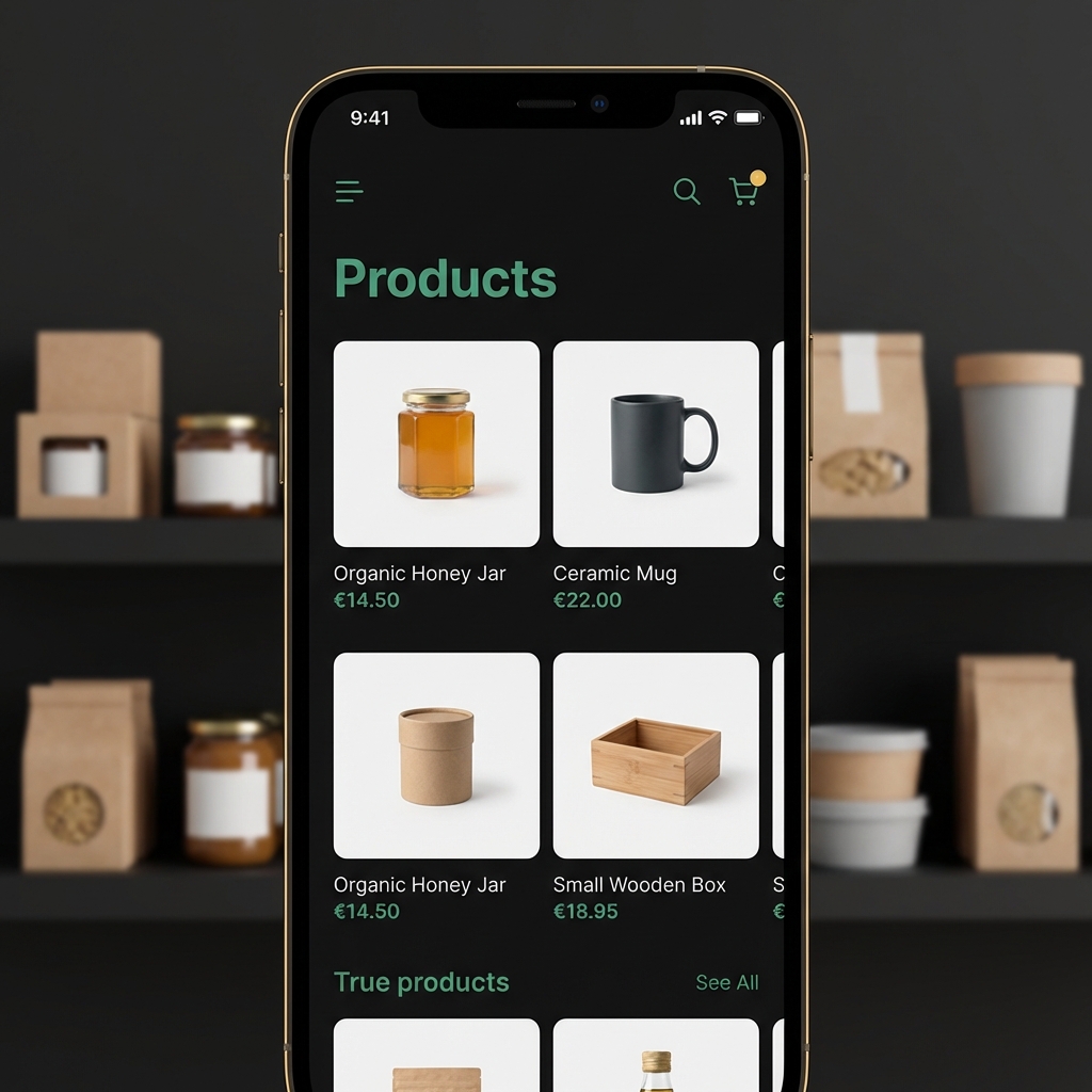 Close up phone listing for second income ideas showing a simple product listing on screen with packaged goods softly blurred behind in Finance Police color style
