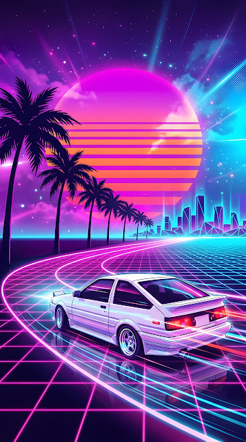 Synthwave Illustration of a Sports Car on a Glowing Grid Under a Neon Sun - Free mobile Wallpaper