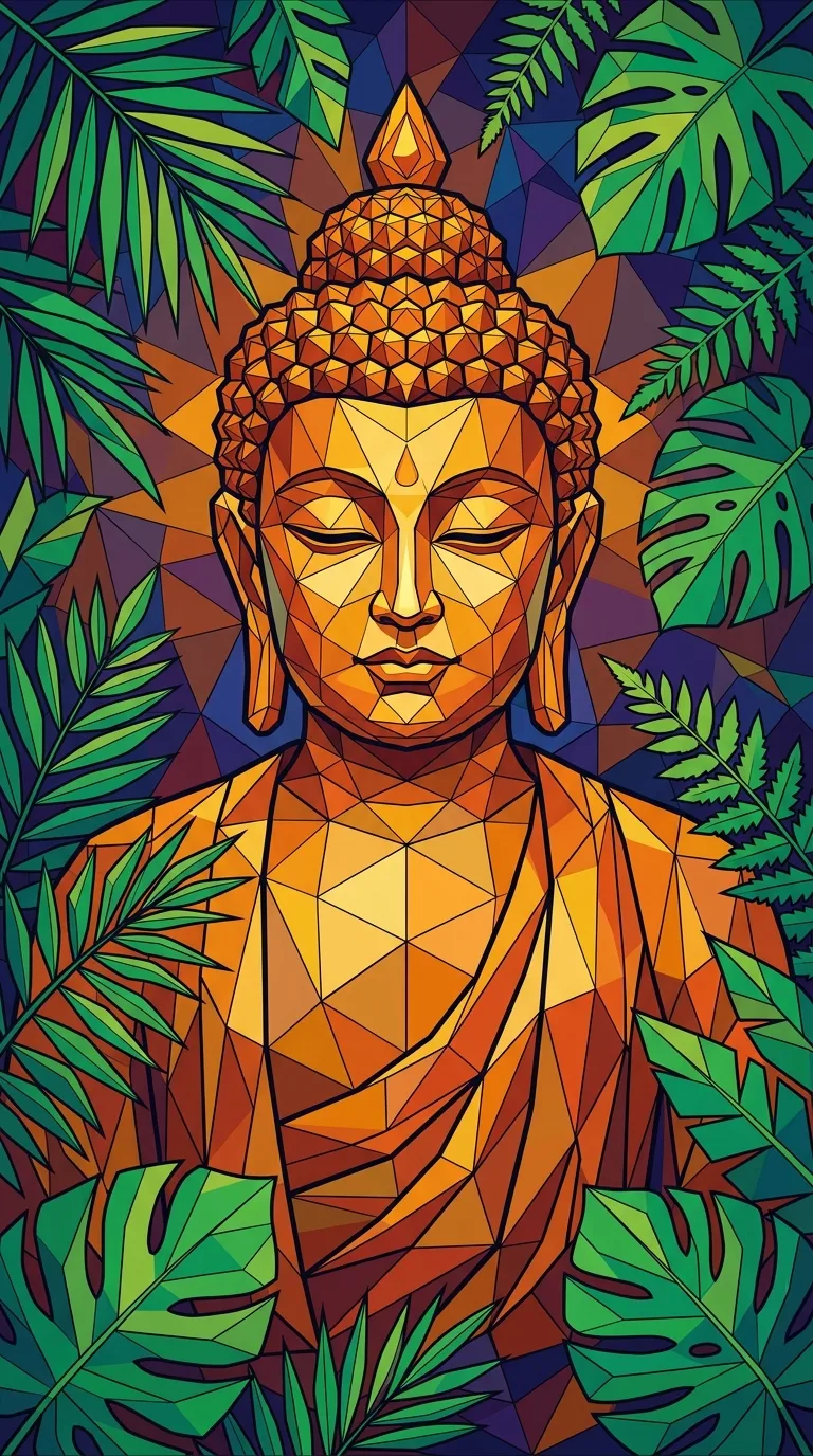 Colorful Geometric Polygonal Buddha Face with Closed Eyes - Free 4K mobile Wallpaper