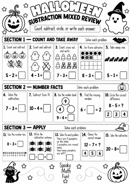 Halloween Subtraction Mixed Review