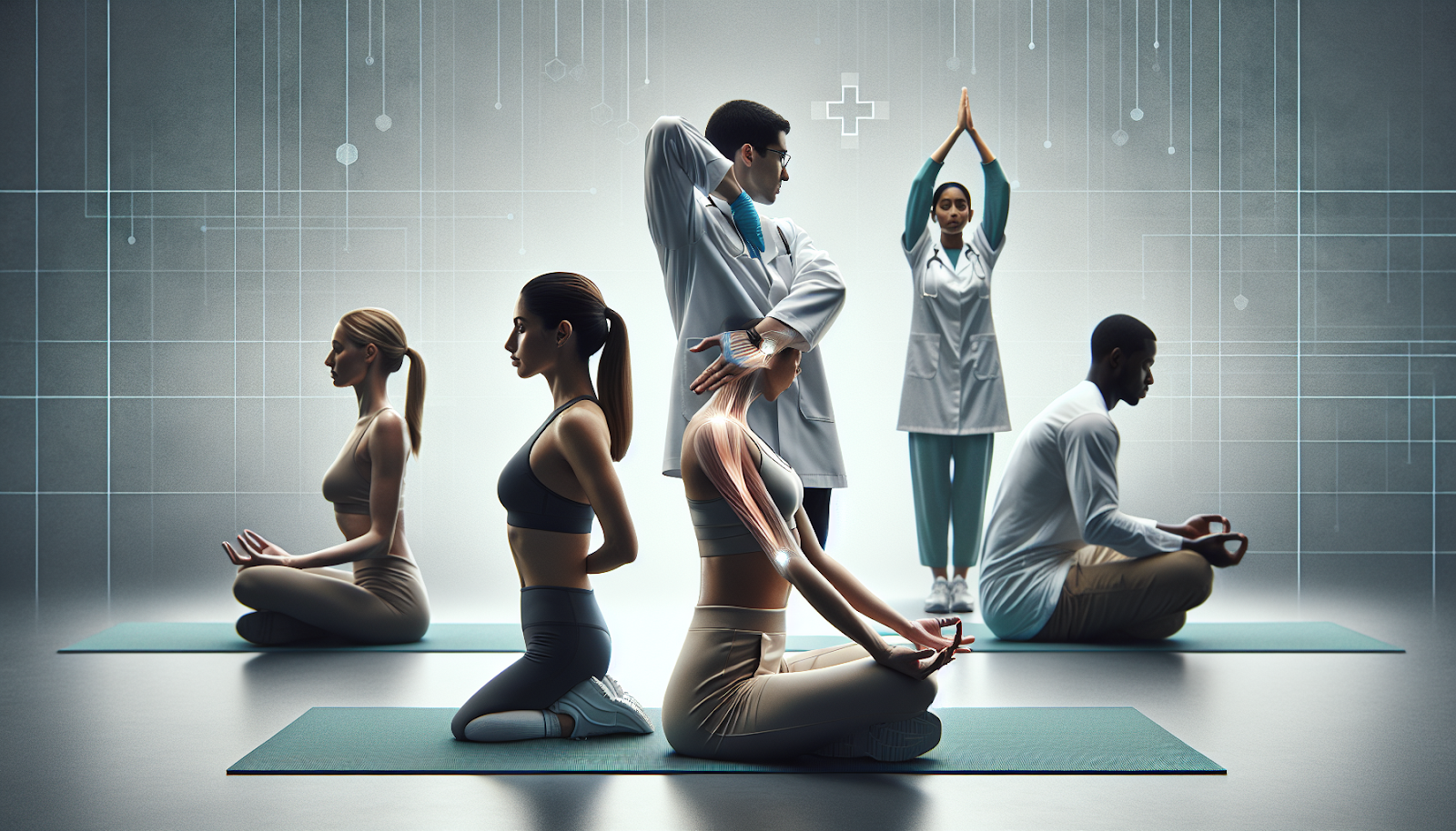 Woman performing posture correction exercises for neck and shoulder tension relief in modern wellness setting