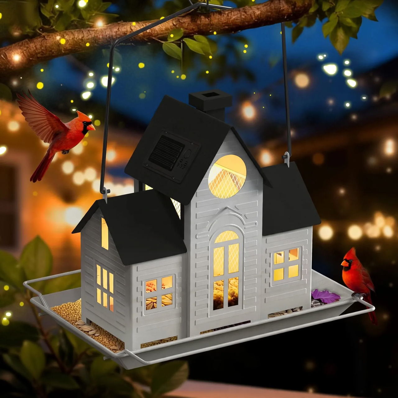 Church-shaped metal birdhouse, solar option