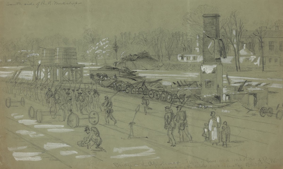 Bridge on the AppotomaxTrain of Cars and workshops burned by the rebels on evacu