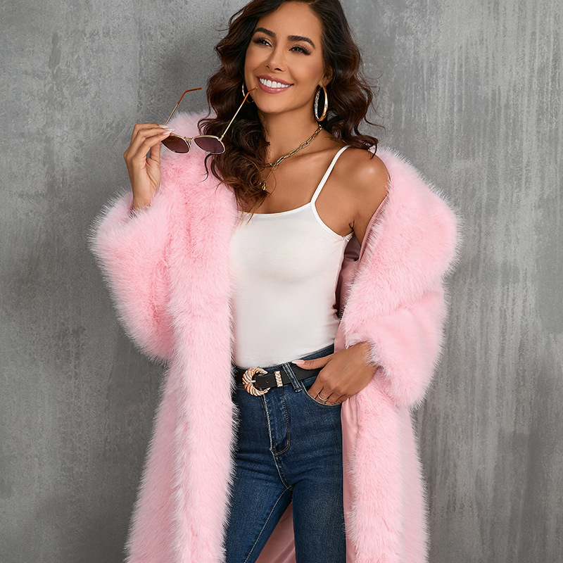 Long Faux Fur Jacket with Lapel Collar
