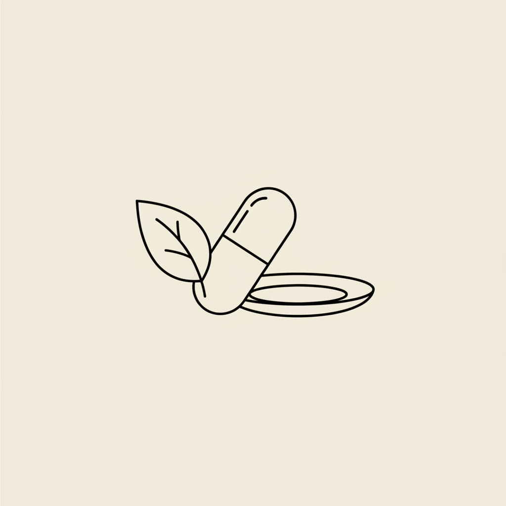 Minimal Tonum-style vector line illustration of a capsule, leaf, and plate on beige background, symbolizing weight loss supplements and natural nutrition.