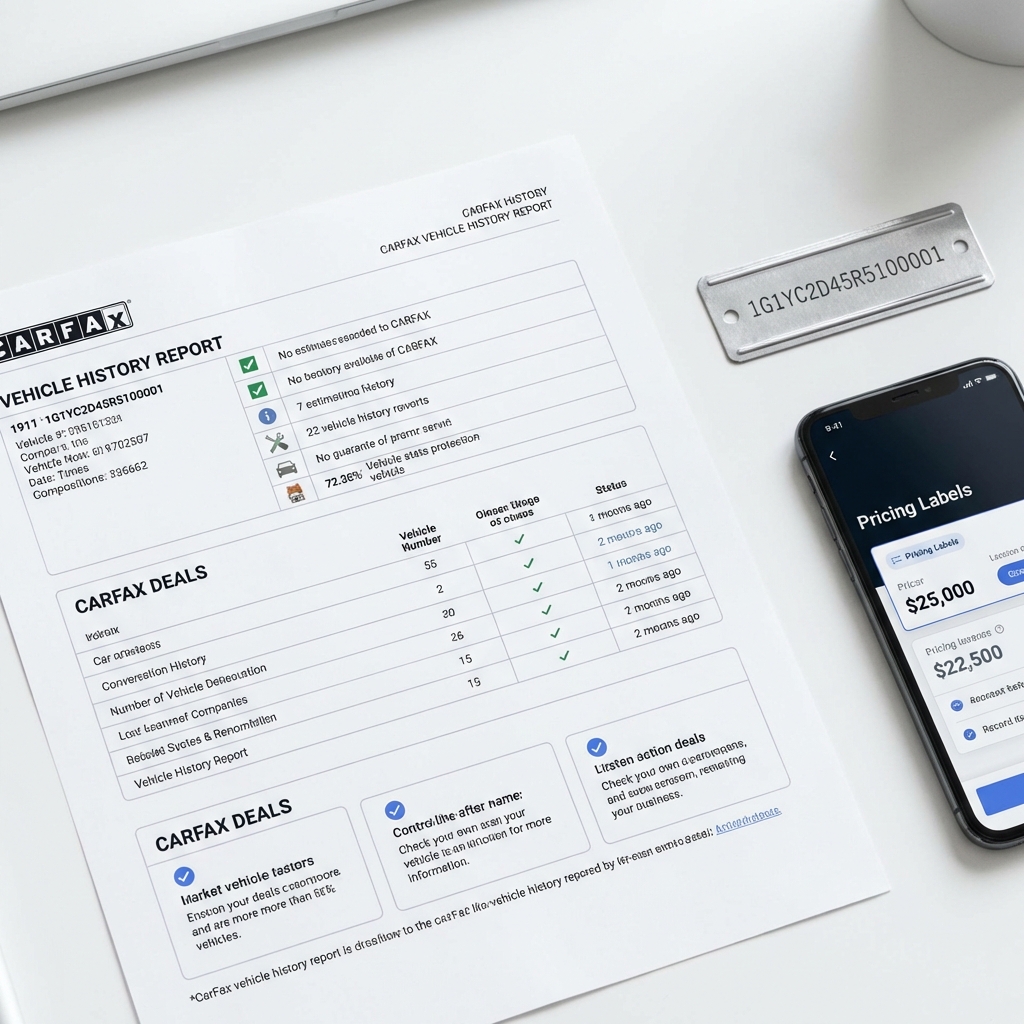 Close up top down view of vehicle history report printout next to a VIN tag and smartphone showing pricing labels for jeep grand cherokee for sale on white background with blue accents