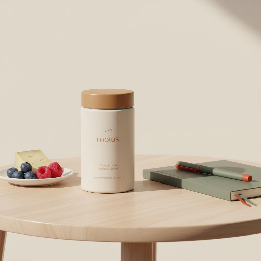 Motus Tonum supplement bottle on a minimalist tabletop with notebook, pen and a dish of cheese and berries illustrating cla supplement side effects in a clean clinical lifestyle setting