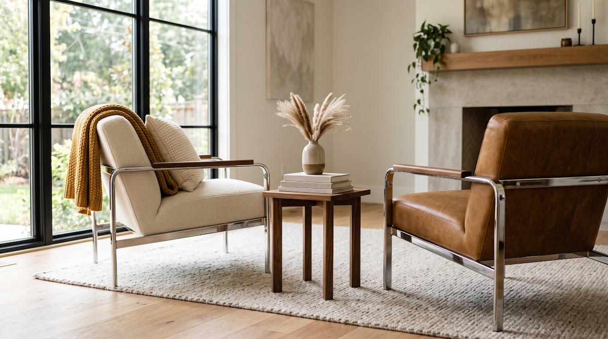 How to Soften Chrome Accent Chairs With Warm Textiles - final inviting chrome and warm wood living room styling reveal