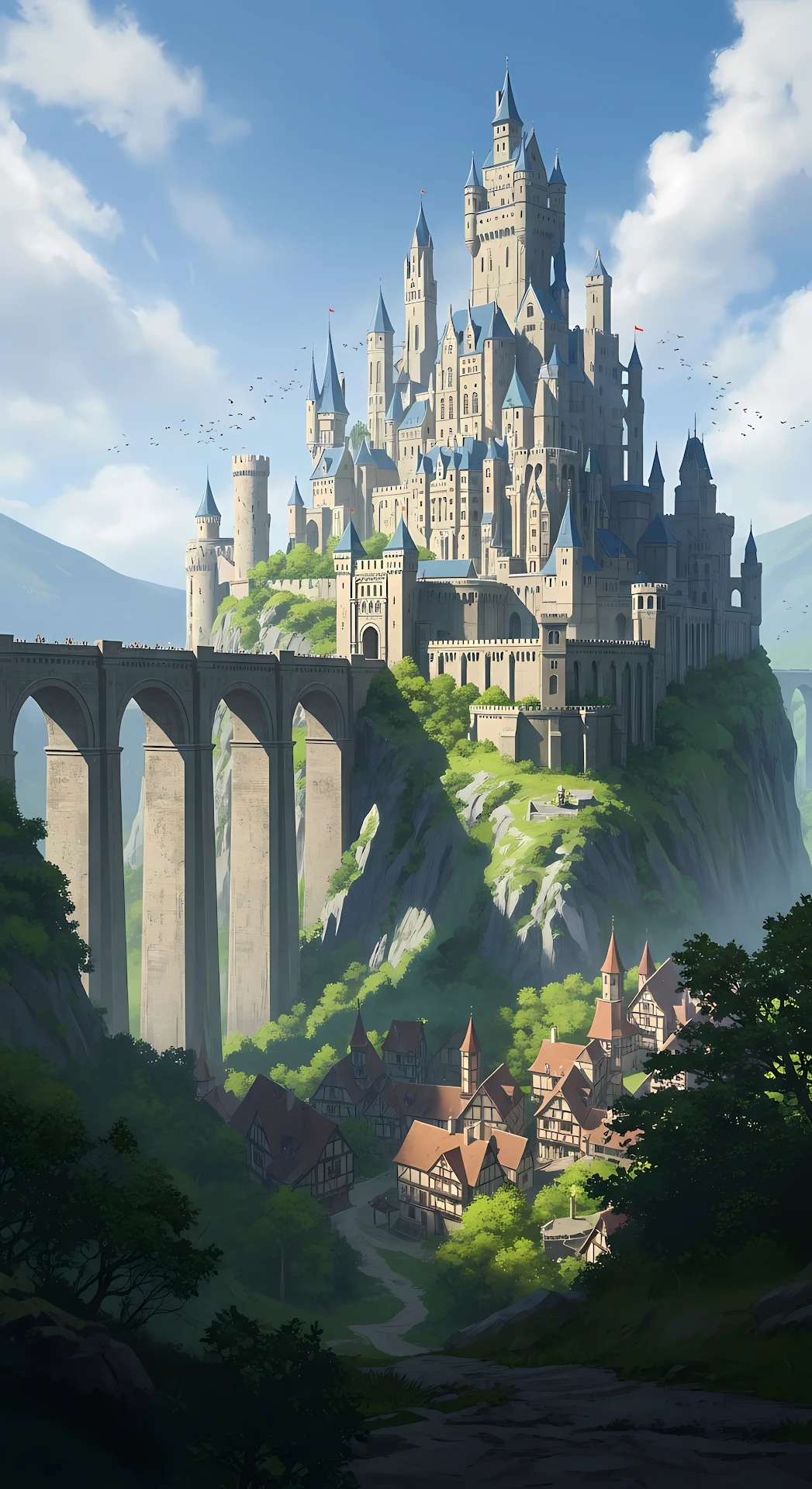 Grand Medieval Castle on Cliff Above a Forest Village - Free 4K mobile Wallpaper