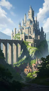 Grand Medieval Castle on Cliff Above a Forest Village