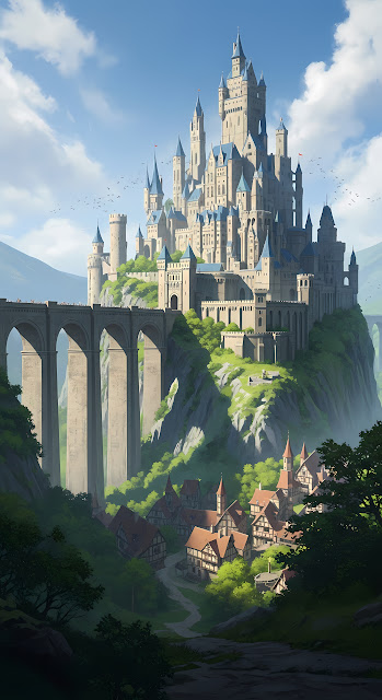 Grand Medieval Castle on Cliff Above a Forest Village - Free mobile Wallpaper