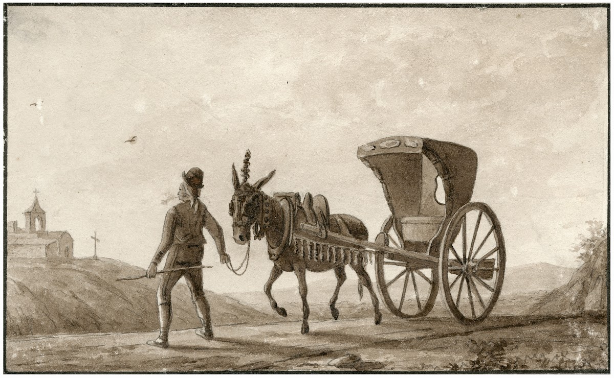 Een Spaanse sjees getrokken door een ezel