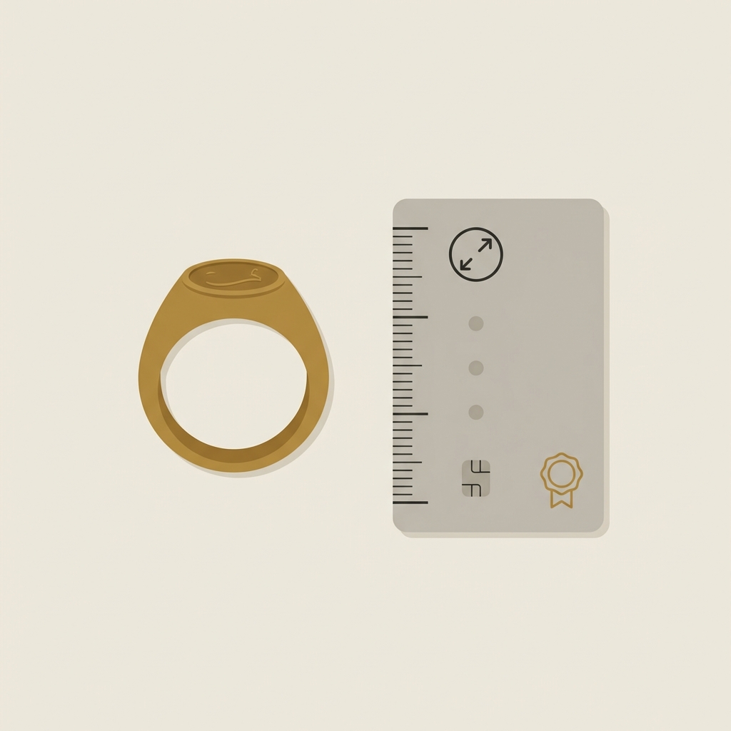 Minimalist 2D vector of a gold ring roman beside a curated listing card with measurement icons condition symbols and a provenance badge on a warm beige background