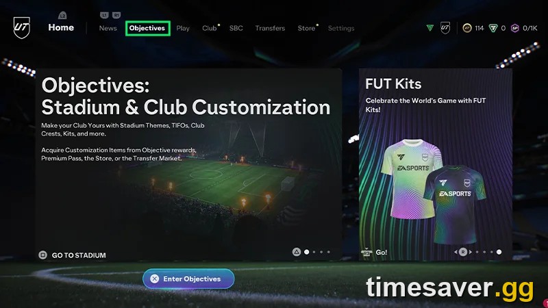 EA FC 26 Ultimate Team Objectives menu — where FUTTIES Tokens are earned