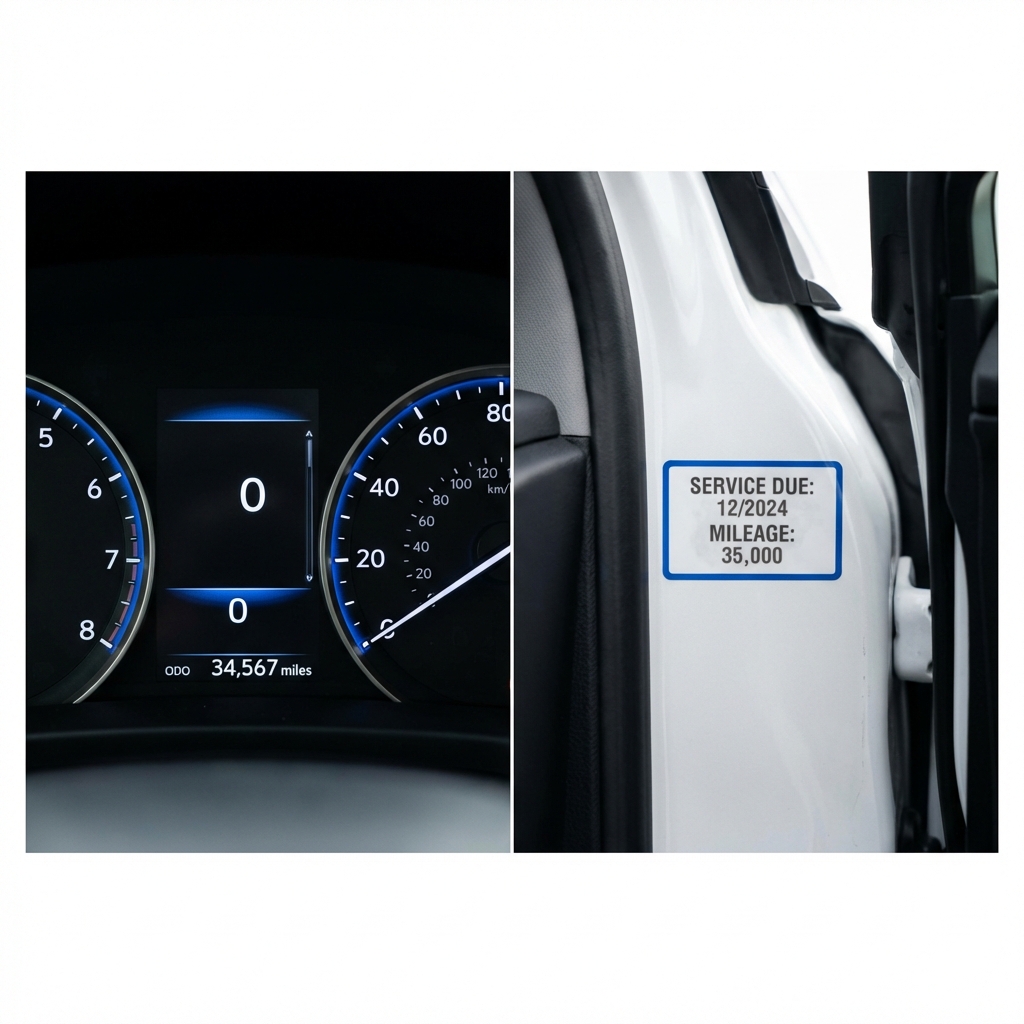 Close up of lexus rx 350 price odometer and service sticker in door jamb on white background in CarFax Deals minimalist style