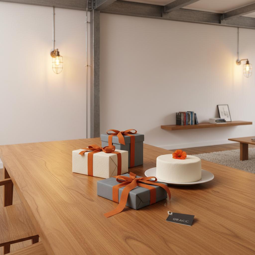 Minimalistisch arrangierte Geschenkboxen und eine schlichte Vanilletorte auf einem Holz-Esstisch in warm beleuchtetem, leicht industriellem Familienwohnraum, geschenkideen für 16-jährige