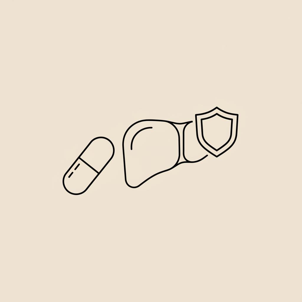Minimal Tonum-style line illustration of a capsule, liver icon, and shield representing berberine safety on a beige background