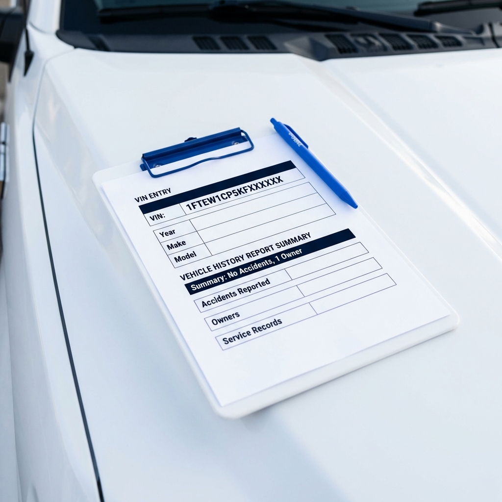 Close up clipboard with VIN entry form and vehicle history report on truck hood used chevy silverado for sale