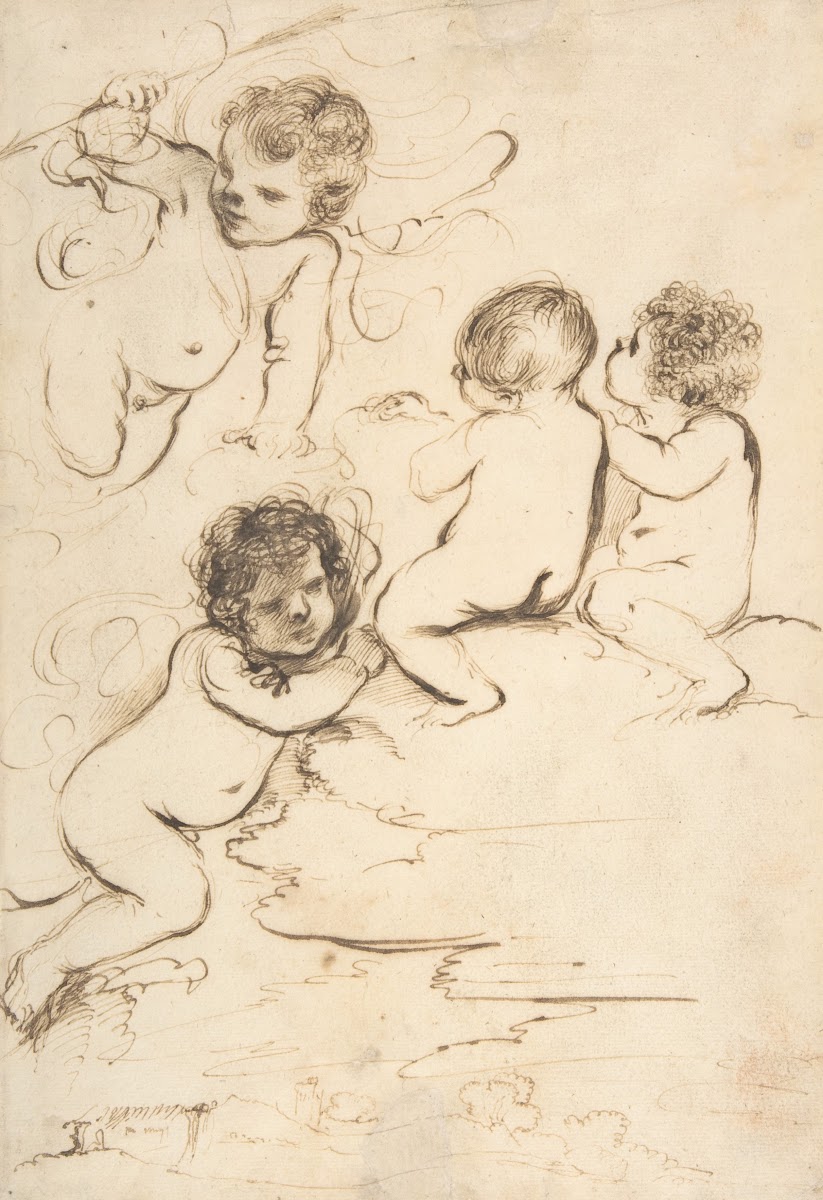 Four Putti with Bow and Arrows on Clouds above a Landscape with a Tower 15911666