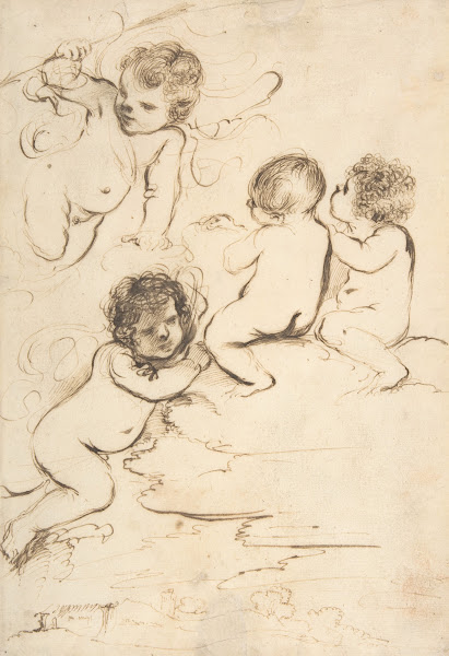 Four Putti with Bow and Arrows on Clouds above a Landscape with a Tower 15911666