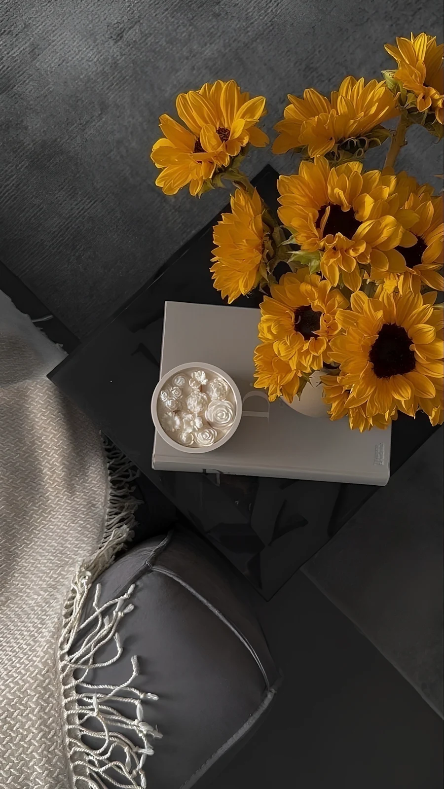 Yellow Sunflowers On Dark Table - Still Life Photography Full HD iPhone Wallpaper (1287x2288)